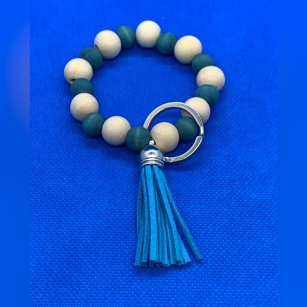 Hand Dyed Wood Bead Keychain Bracelet With Leather Tassel